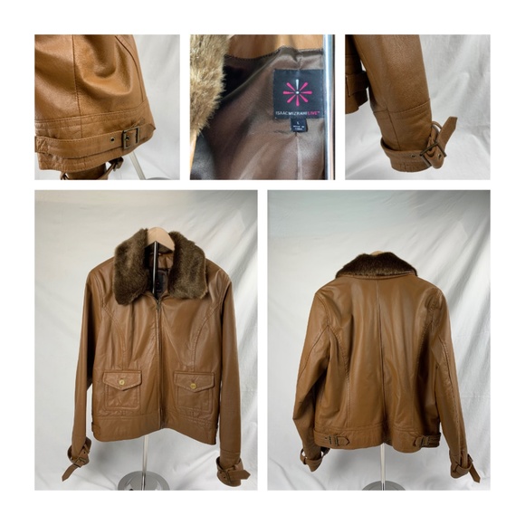 Isaac Mizrahi Tan Leather Jacket with Removable Faux Fur Collar Ladies Large - Picture 1 of 14